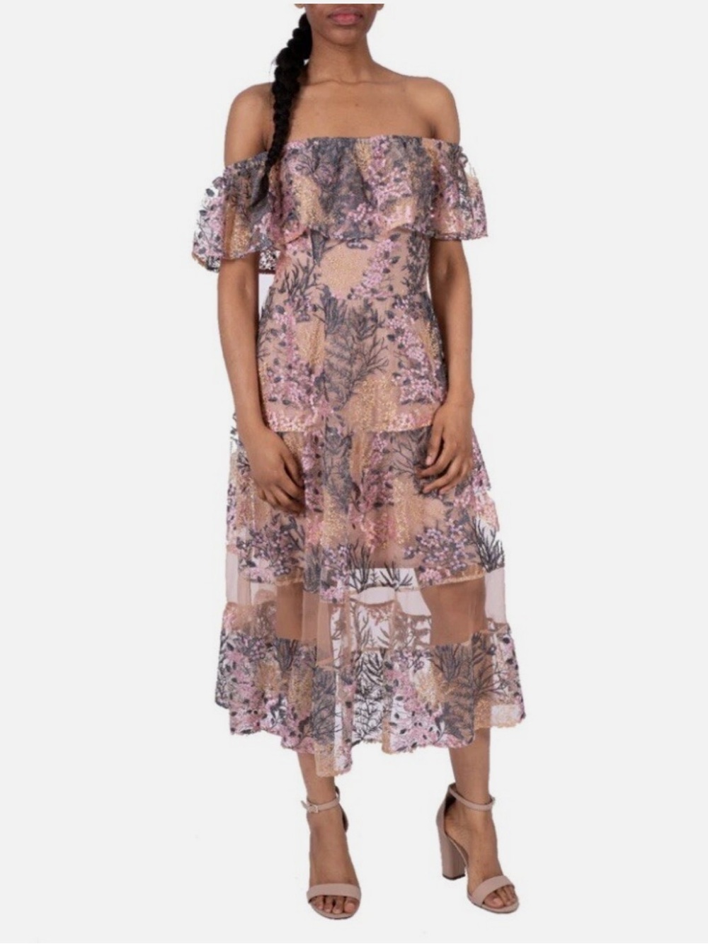 DRESS the POPULATION Floral Embroidered Lace Gabriella Off Shoulder Midi